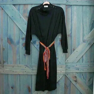 1970s Black Wrap Dress Coat Vintage Polyester Belted Size Medium